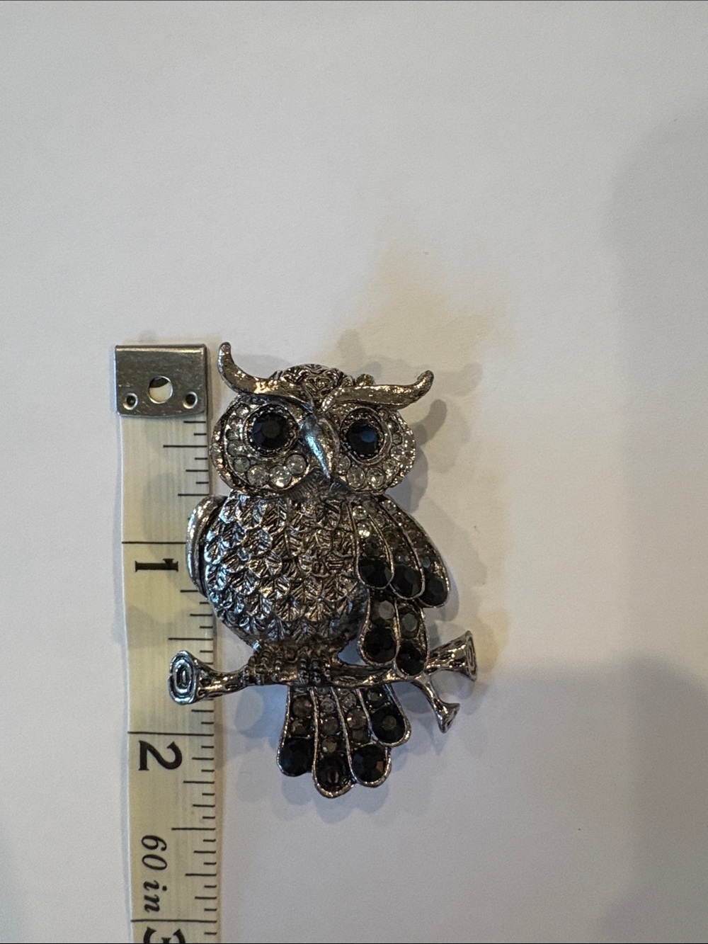 Silver Owl Rhinestone Brooch with Black Accents